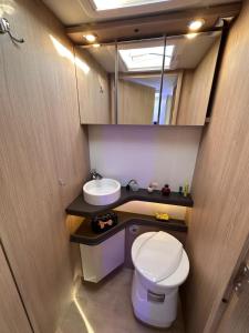 a small bathroom with a toilet and a sink at Neptun Beach Caravans in Ulcinj +47 photos