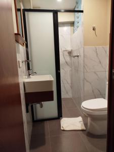 a bathroom with a toilet and a sink and a shower at Hotel Rodilla in Ayacucho