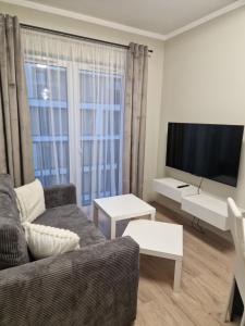 a living room with a couch and a flat screen tv at Lubanska by Tauron Arena in Zgorzelec