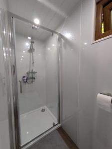 a shower with a glass door in a bathroom at The Willows in Scarisbrick