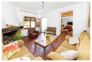 a living room with two couches and a fireplace at Casa Rural La Saucedilla in Archidona