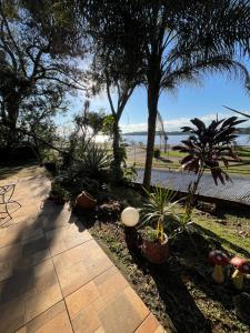 a patio with palm trees and a view of the ocean at Puerto Las marias in Candelaria