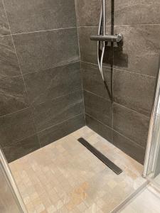 a shower with a glass door and a tile floor at Studio Marigot Fort Louis in Marigot +10 photos