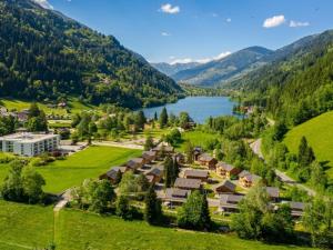 an aerial view of a village with a lake and mountains at Bergblick am Afritzer See in Afritz