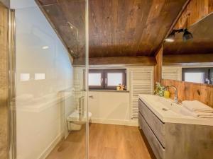 a bathroom with a shower and a sink and a toilet at Seechalet Afritz in Afritz