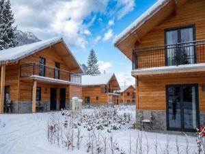 a lodge in the snow in front of a building at Seechalet Afritz in Afritz