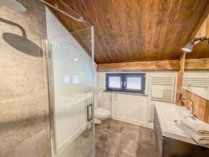 a bathroom with a shower and a toilet and a sink at Mirnockblick in Afritz +29 photos