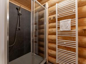 a shower in a bathroom with wooden walls at Jenig 2B in Jenig +43 photos