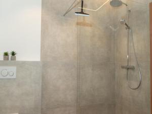 a bathroom with a shower with a glass door at Panoramic view apartment Kaunergrat in Kaunerberg