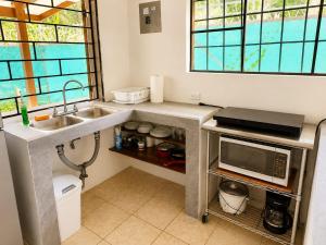 a kitchen with a sink and a microwave at La Casita de Yan in Puerto Viejo