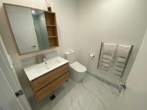 a bathroom with a sink and a toilet and a mirror at Central City Views In Heart of Central Chch by Stadium in Christchurch +3 photos
