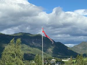 a flag on a pole in front of a mountain at Hytter Brokefjell in Kviteseid