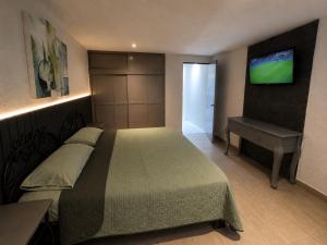 a bedroom with a bed and a desk and a television at VIRREYES418 extended apartments in Los Valdeses