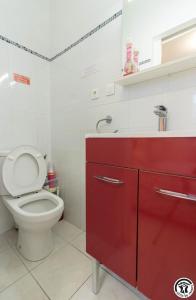 a bathroom with a toilet and a red cabinet at Maison venitia t2 in Aussonne +21 photos