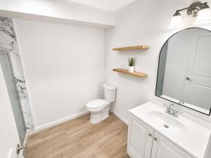 a bathroom with a toilet and a sink and a mirror at The Oak & Aura Retreat in St. Charles