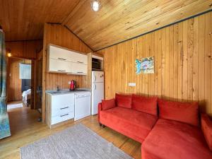 a living room with a red couch and a kitchen at Egem Tatil Evleri in Fethiye +5 photos