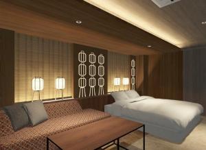 a bedroom with a bed and a bench in it at Hotel MAISAKURA MIYABI in Nara