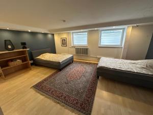 a living room with two beds and a rug at Souterrain Zimmer mit Sauna in Klosterlechfeld