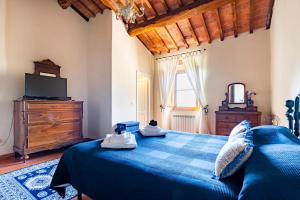 a bedroom with a blue bed and a television at CASA LORY Poggio Murella in Poggio Murella