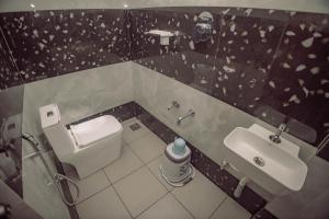 a bathroom with a toilet and a sink at Sun Side Cottages in Madikeri