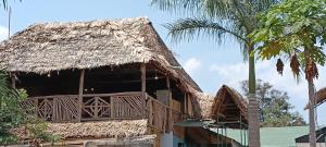 a building with a thatched roof and a palm tree at Kilimanjaro Simba Lodge in Moshi