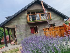 a house with a flower garden in front of it at Pensiunea Solo in Dretea