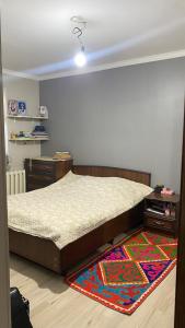 a bedroom with a bed and a rug on the floor at Camp&CO in Naryn