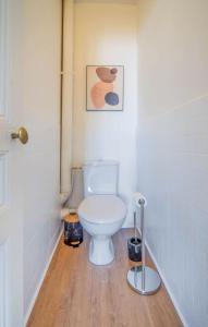 a white toilet in a bathroom with a wooden floor at Le Chagnotin in Chagny
