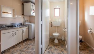 a bathroom with a toilet and a sink at Ossies Motels and Chalets in Ohakune +27 photos