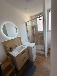 a white bathroom with a sink and a shower at Le Petit Chagnotin in Chagny
