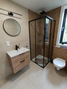 a bathroom with a shower and a sink and a mirror at Stodoła na Kaszubach in Gowidlino +11 photos