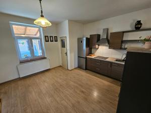 a large kitchen with a refrigerator and a window at Apartment Nová Ves 26 in Olešník