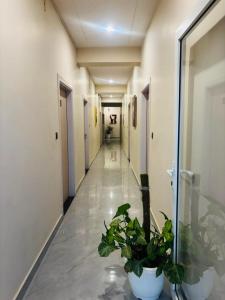a corridor of a hallway with a potted plant at THE CROWN HOTEL & restaurants in Farrukhnagar