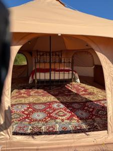 a bed in the middle of a tent at Sunset and Swallows in Eaton Bishop