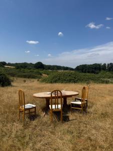a table and two chairs and a table in a field at Sunset and Swallows in Eaton Bishop