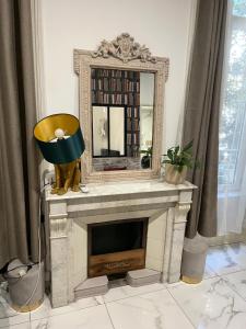 a fireplace with a mirror on top of it at Souad in Saint-Vallier