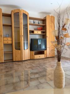 a living room with a tv and a vase with flowers at Ferienwohnung Fuchs in Roding