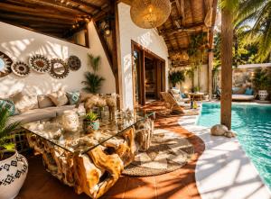 a living room with a table and a pool at Kaleydo Villas in Gili Trawangan +202 photos