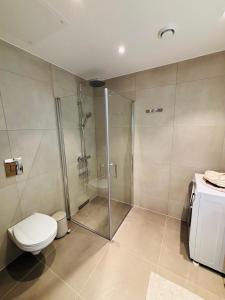 a bathroom with a shower and a toilet and a sink at Arctic Privé Panorama Residence Alta in Alta +12 photos