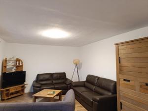a living room with a leather couch and a tv at Landhaus Leopold in Sanitz