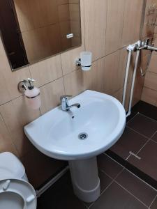 a bathroom with a white sink and a toilet at Domeniul Ursului in Vadu Izei +30 photos