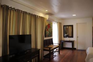 a living room with a flat screen tv and curtains at Jamont Hotel in Sipalay