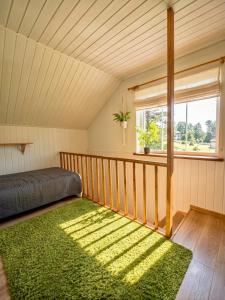 a bedroom with a bed and a green rug at Holiday Homes Eliza in Druskininkai