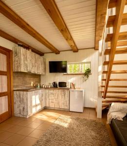 a kitchen with a white refrigerator and a microwave at Holiday Homes Eliza in Druskininkai +17 photos