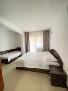 a bedroom with two beds and a window at Pensiunea CARMEN Borșa in Borşa +6 photos