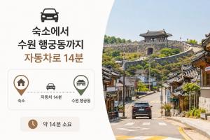 a sign in an asian town with a castle at 수원 화서역 편한 집 in Suwon