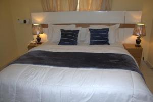 a bedroom with a large white bed with blue pillows at Anaviosi Villa in Anum +5 photos