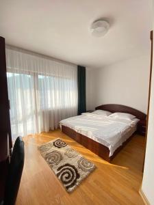 a bedroom with a large bed and a rug at Pensiunea CARMEN Borșa in Borşa