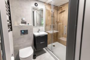 a bathroom with a toilet and a sink and a shower at Serce Lasu - Hotel z Duszą i Energią Kamieni in Czarna +78 photos