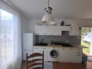 a kitchen with a refrigerator and a washing machine at DOMEK na górce u Celiny in Dargobądz